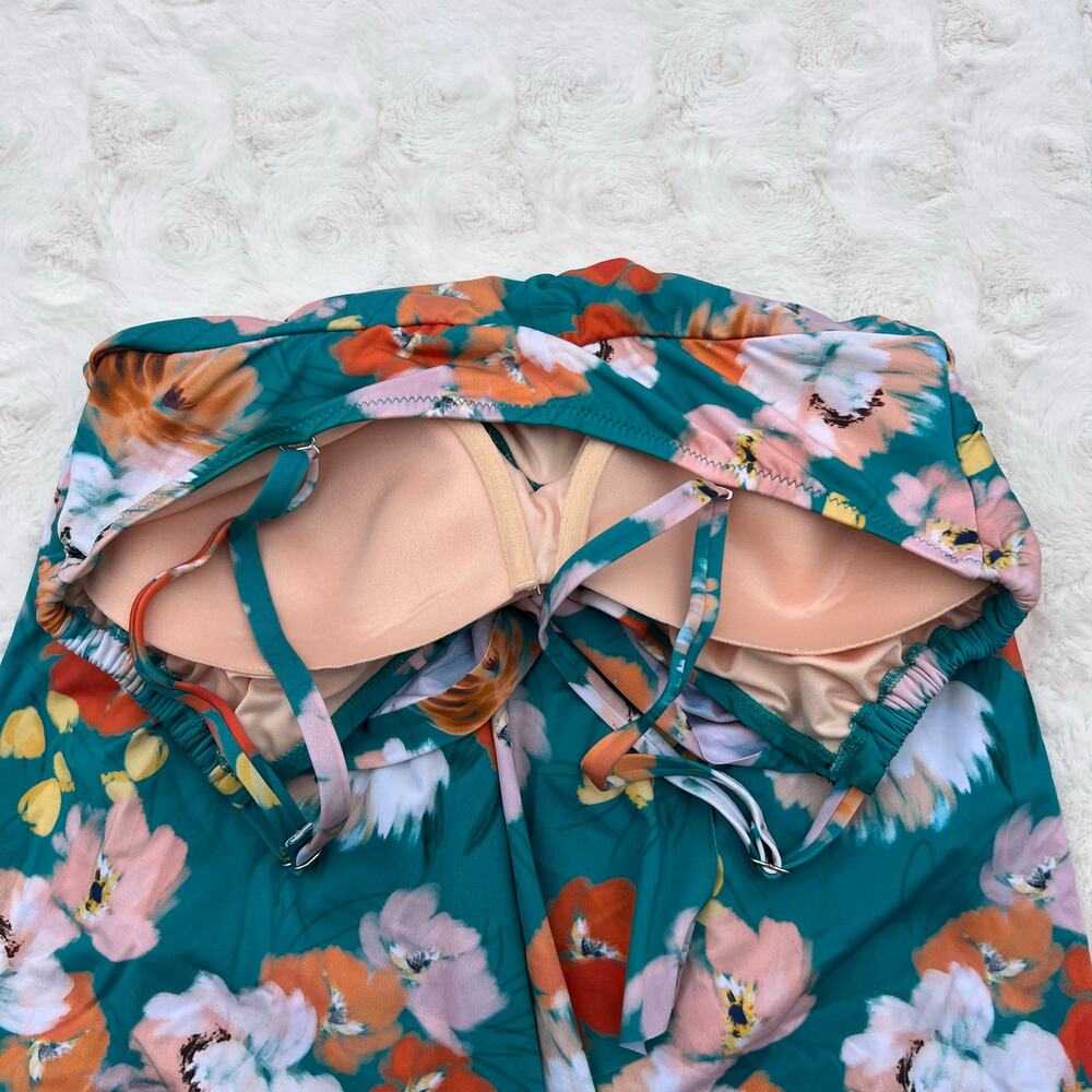 Garnet Hill Floral One Piece Swimsuit Ruched Overlay Teal Pink Orange 10 - Picture 5 of 7